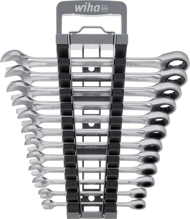 Wiha Ringratschen-Gabelschlüssel Set 12-tlg. inkl. Halter I Ring Ratschenschlüssel Set 8-19 mm (19 mm, 16 mm, 18 mm, 13 mm, 15 mm, 17 mm, 10 mm, 11 mm, 12 mm, 14 mm, 8 mm, 9 mm)