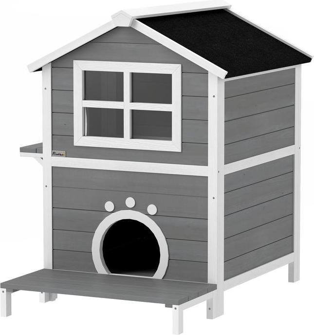 Actual product image Swisshandel24 Katzenhaus aus Holz Katzenhöhle mit Fenster, Balkon für Indoor, Outdoor Grau (Cat)