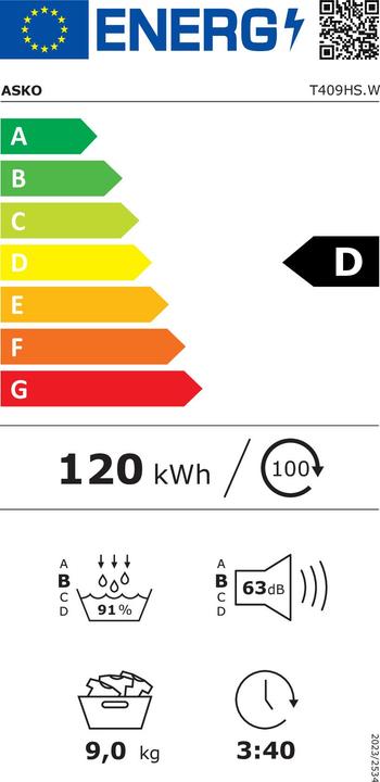 Etichetta energetica Asko T409HS.W (9 kg, A destra, Modificabile)