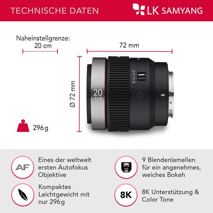 Immagine prodotto Samyang V-AF 20mm F1.9 Sony E-mount (Sony E, Full-frame, APS-C / DX)