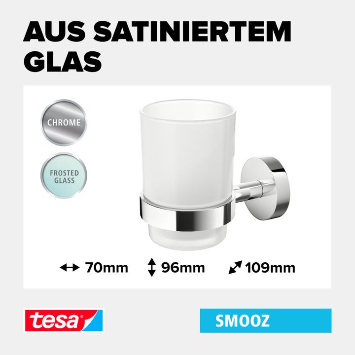 Produktbild tesa SMOOZ Zahnputzbecher mit Halterung - aus satiniertem Glas - zur Wandbefestigung ohne Bohren