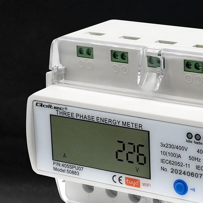 Actual product image Qoltec 50883 Three phase electronic energy consumption meter for DIN rail | Wi-Fi | TUYA | 400V | LC