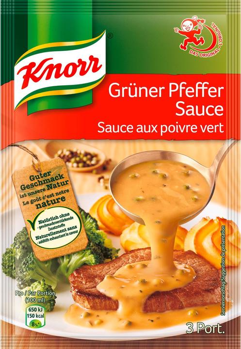 Produktbild Knorr Grüner Pfeffer Sauce Beutel, mit ganzen Pfefferkörnern, wunderbar crèmig, ideal für dunkles Fleisch (44 g)