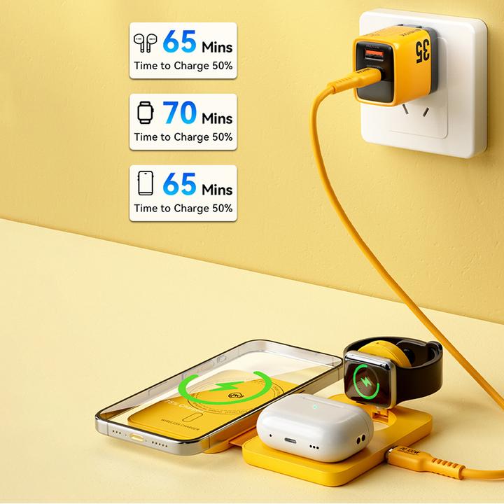 Immagine prodotto Wekome Caricatore wireless 3in1 con MagSafe per iPhone, Apple Watch e AirPods + specchio (giallo) (1 cm)