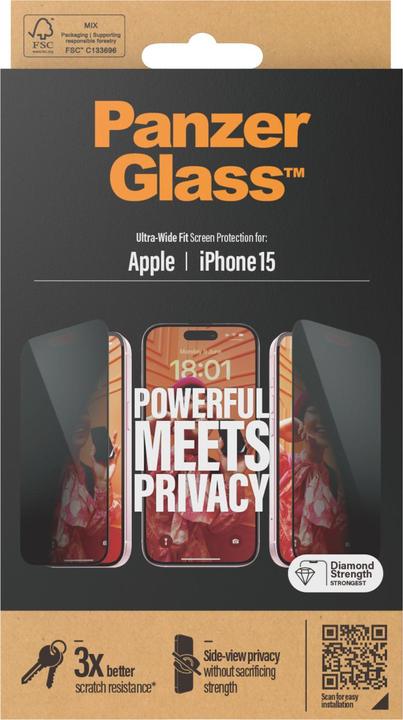 Productafbeelding PanzerGlass Privacy Screen Protector iPhone 2023 6.1 Ultra-Wide Fit (1 Stuk, Apple iPhone 15)