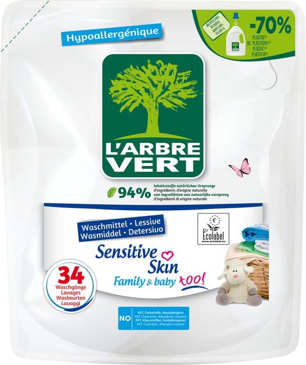 Image du produit L'arbre vert Lessive liquide écologique Peau sensible Recharge (34 Cycles de lavage, Liquide)