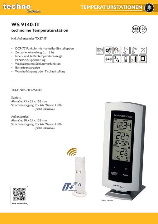 Image du produit Technoline WS 9140 Thermomètre numérique sans fil Station météo sans fil avec capteur extérieur