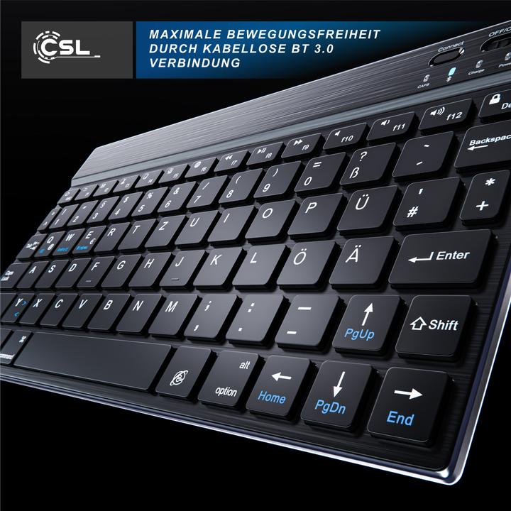 Produktbild CSL Wireless Tastatur, Ultra Slim Keyboard, Bluetooth, Aluminium Gehäuse, DE Layout, BT 3.0, schwarz (DE, Kabellos)