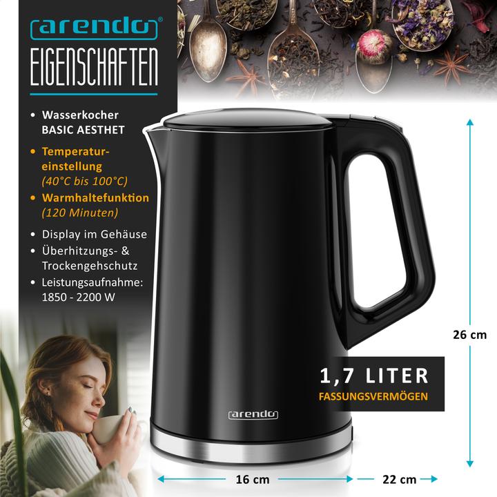 Image du produit Arendo Wasserkocher 1,7 L aus Edelstahl, Temperatureinstellung 40°-100°C mit Anzeige, Doppelwand, 2200 W (1.70 l)