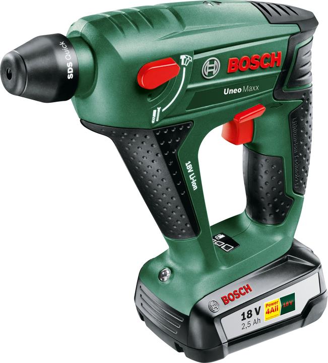 1 battery, 1 x charger, 4 screwdriver bits, Suitcase, Round shank adapter, SDS-Quick Drill, Hexagonal drill bit
