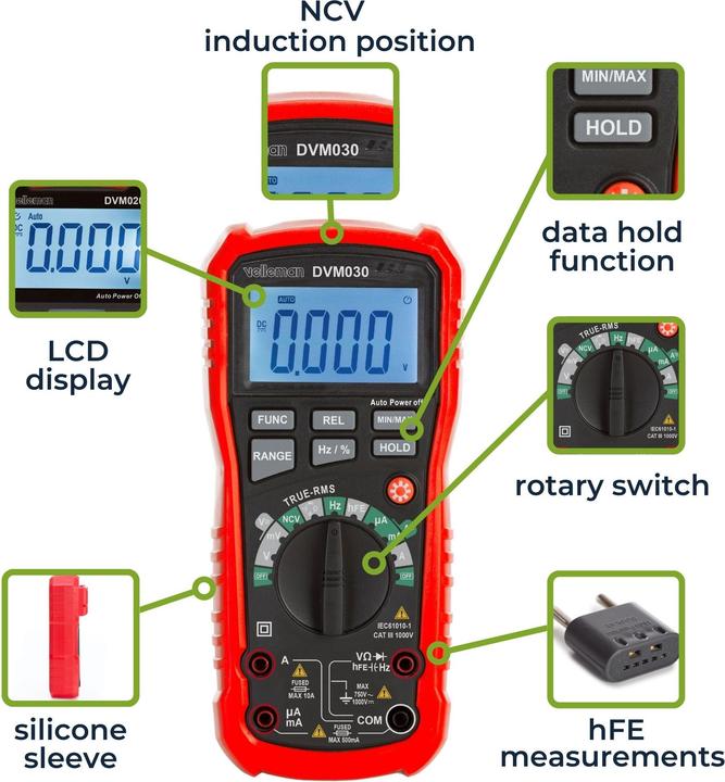 Produktbild Velleman Robustes Echt-Effektivwert-Digitalmultimeter mit automatischem Messbereich - CAT III - 1000 V - 8 Fu (CAT III)