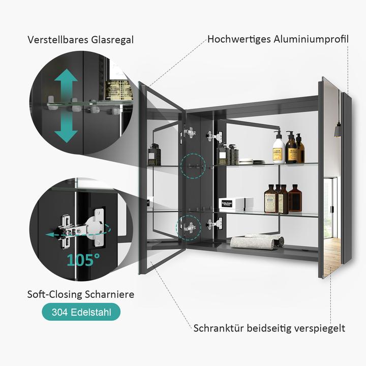 Produktbild Emke Spiegelschränke 75x65cm Spiegelschrank Badschrank mit Doppelseitiger Spiegel (Grau) (65 x 75 cm)