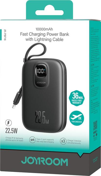 Image du produit Joyroom JR-PBF18 22.5W 10000mAh Powerbank with Built-in Lightning Cable + USB-C Cable 0.25 cm - Blac (10000 mAh, 22.50 W)