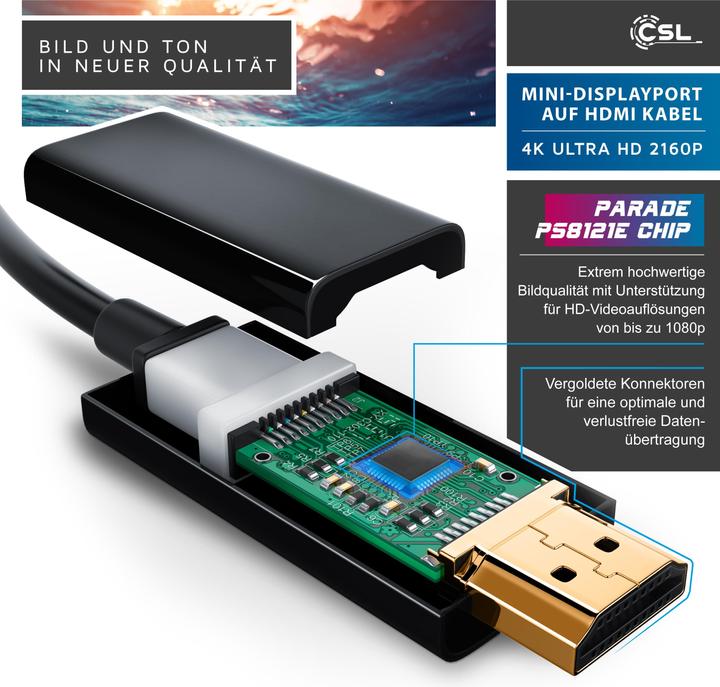 Produktbild CSL 4k Mini Displayport auf HDMI Kabel | Thunderbolt 1- und Thunderbolt 2 Ports | 4K Ultra HD 2160p (3 m, DisplayPort, HDMI)