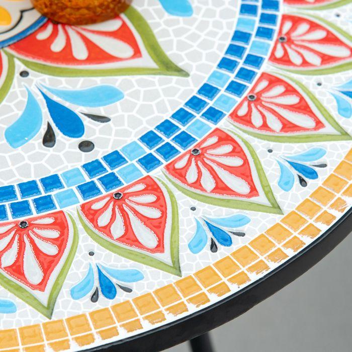 Produktbild Swisshandel24 Gartentisch Mosaiktisch rund Bistrotisch Beistelltisch mit Mosaikplatte Keramik Metall Rot+Blau+Weis