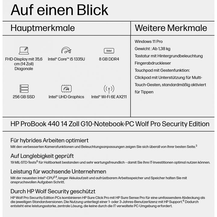 Produktbild HP PROBOOK 440 G10 I5-1335U 14 FHD (14", Intel Core i5-1335U, 8 GB, 256 GB, DE)
