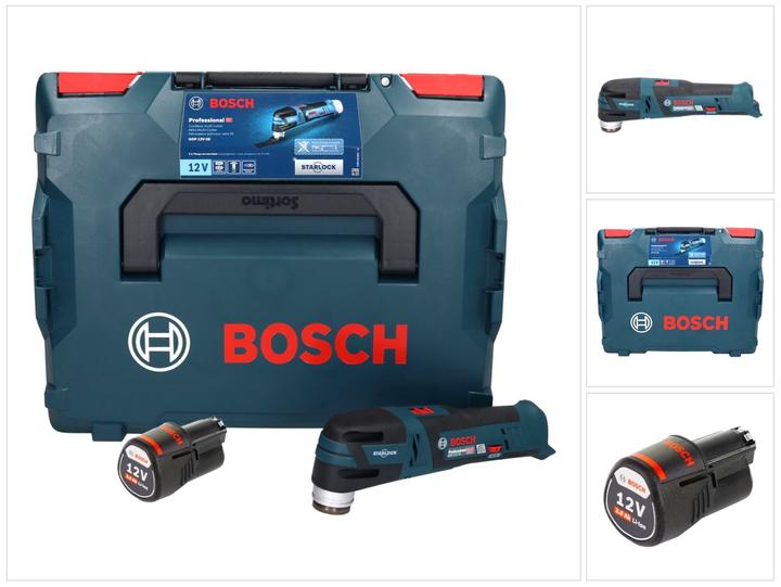 1x Bosch GOP 12V-28 Akku Multi Cutter, 1x Bosch Starlock BIM Tauchsägeblatt AIZ 32 APB, Wood + Metal, Curved-Tec ( 2608661644 ), 1x Bosch GBA 12 V 3,0 Ah Akku ( 1600A00X79 ), 1x L-Boxx 102