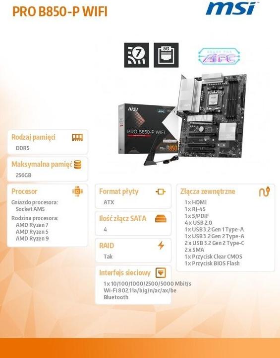 Image du produit MSI PRO B850-P WIFI (AM5, AMD B850, ATX)
