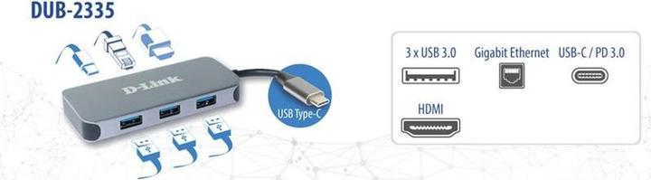 Actual product image D-Link DUB-2335, USB Typ-C, HDMI, RJ-45, USB 3.2 Gen 1 (3.1 Gen 1) Type-A, USB Typ-C, 5000 Mbit/s, G (USB-C, 6 Ports)
