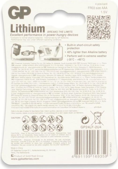 Nutritional values and ingredients GP Batteries Excellent Lithium Micro (4 pcs., AAA)
