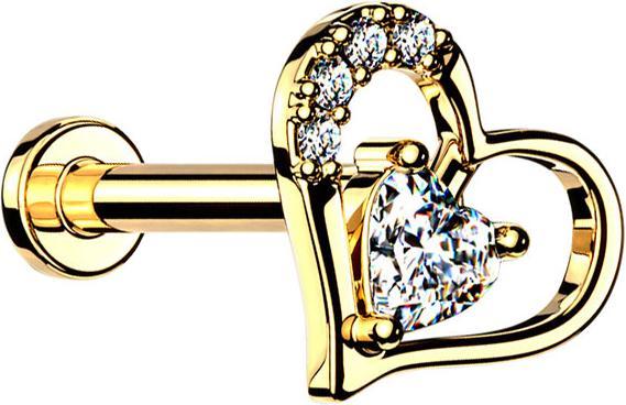Star Piercing Micro Labret Innengewinde 14k vergoldet Kristallherz im Herz (Chirurgenstahl 316L, Messing)