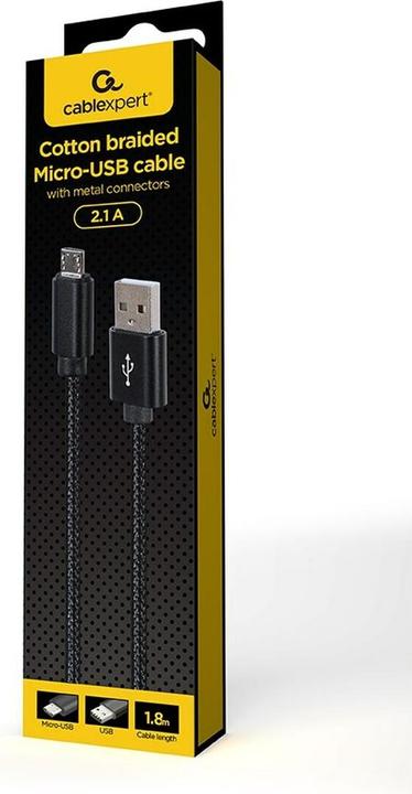 Produktbild Gembird Cotton braided Micro-USB cable with metal connectors, 1.8 m, black (1.80 m, USB 2.0)