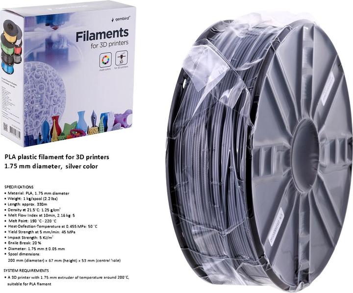 Productafbeelding Gembird Filamentcassette PLA smalle spoel (PLA, 1.75 mm, 1000 g, Zilver)