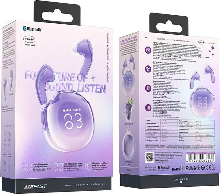 Immagine prodotto Acefast Auricolari TWS T9, Bluetooth 5.3, IPX4 (viola) (ANC, 6.50 h, Senza fili)
