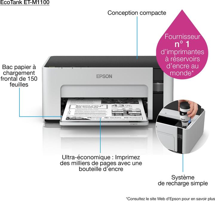 Image du produit Epson EcoTank M1100 - 1440 x 720 DPI - 1 - A4 - 15000 pages par mois - 32 pages par mois (Réservoir d'encre, Noir et blanc)
