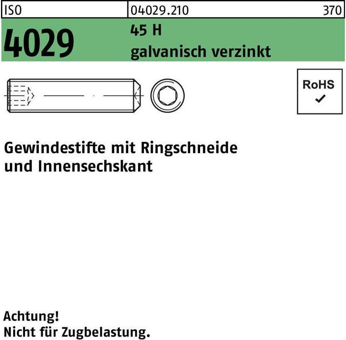Produktbild Gewindestift ISO 4029 Ringschneide/Innen-6-kant M 4 x 10 45 H galvanisch verzinkt (1000 Schrauben pro Stück)
