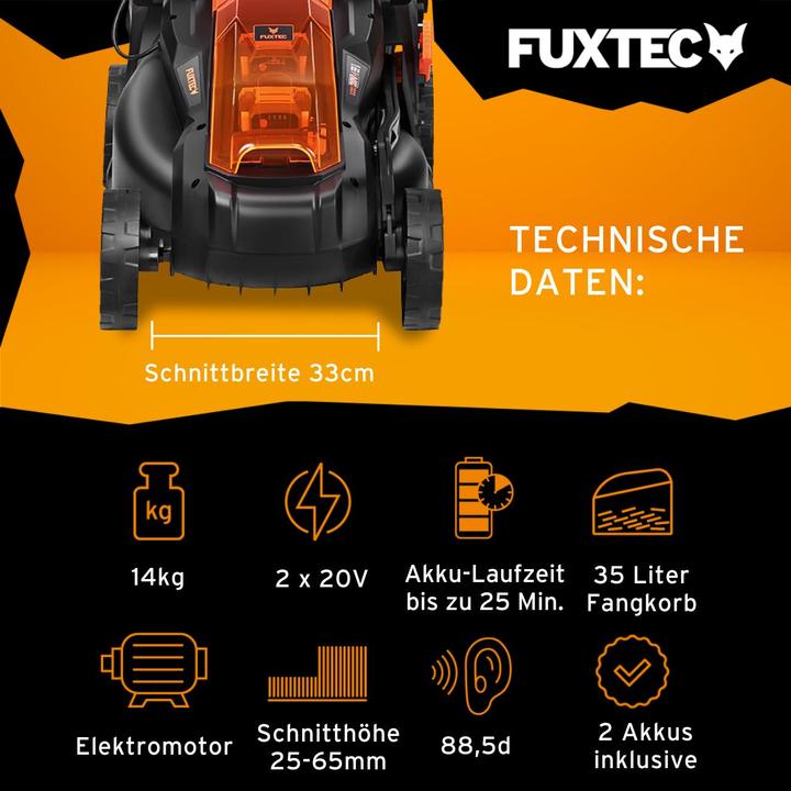 Image du produit Fuxtec Tondeuse à gazon sans fil 40V FX-E1RM20 SET avec 2 x batterie 2Ah, double chargeur 2,4A (Fonctionnement sur batterie)