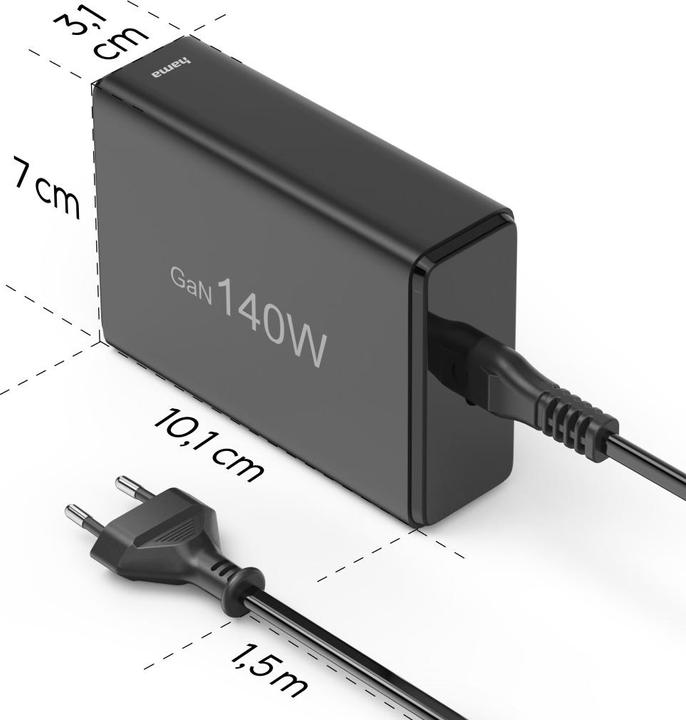 Actual product image Hama Charging station 5 ports, GaN, fast charger, 3xUSB-C, 2xUSB-A, PD, 140 W, SW (140 W)