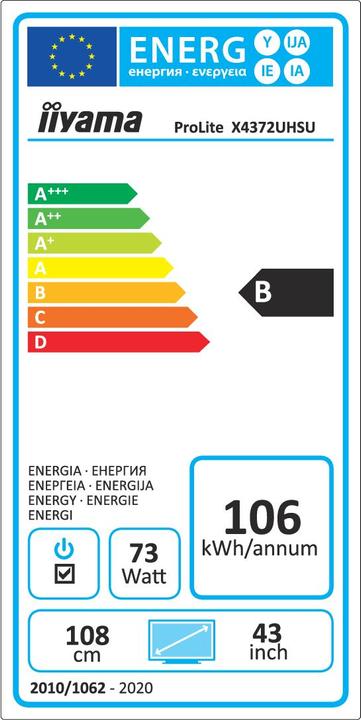 Energy Label iiyama ProLite X4372UHSU-B1 (3840 x 2160 Pixels, 42.52")