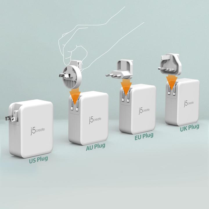 Produktbild j5Create JUP43130F-FN Caricatore GaN USB-C® a 4 porte da 130 W - UE, Interno, USB, Grigio, Bianco (130 W)