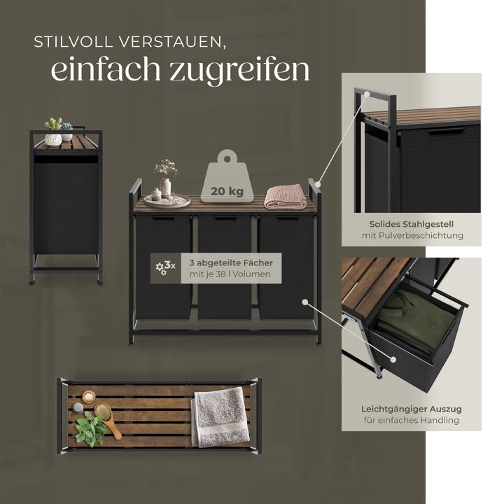 Actual product image tectake Dual Laundry Basket - 2 pull out compartments, wooden folding shelf & high capacity (38 l)