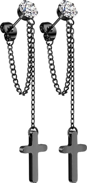 Actual product image Star Piercing Stud earrings black with round crystal silver pendant chain with cross (without brass, Surgical steel 316L)