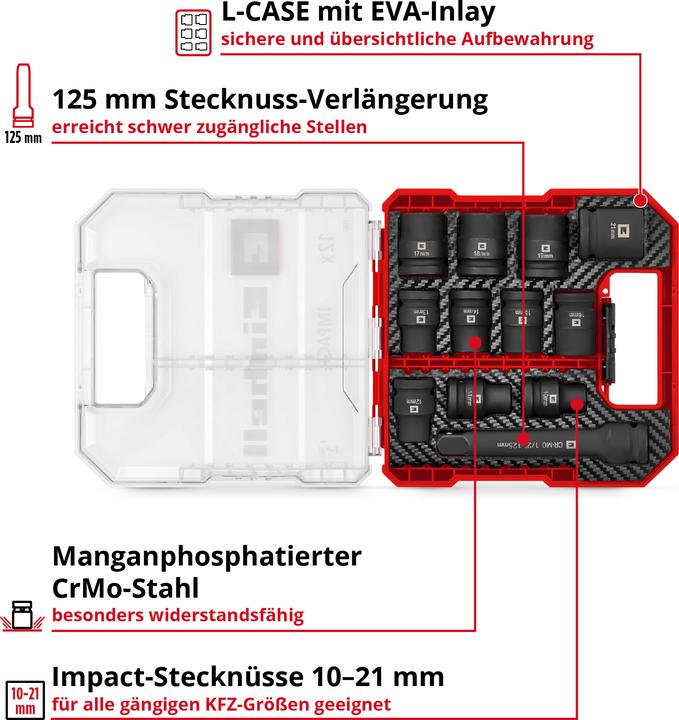 Produktbild Einhell Impact Stecknuss-Set, 109283, 12-teilig (18 mm, 15 mm, 11 mm, 21 mm, 16 mm, 12 mm, 14 mm, 17 mm, 13 mm, 19 mm, 10 mm)