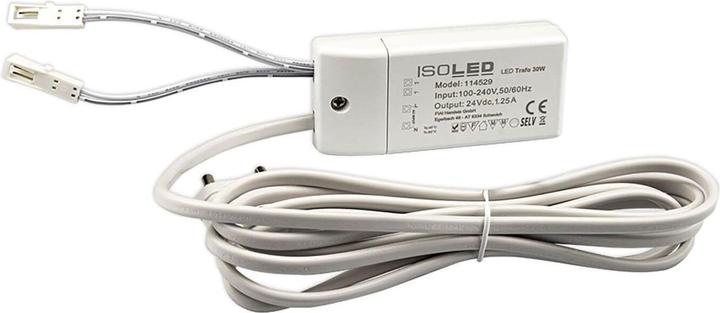 Productafbeelding Isoled LED transformator MiniAMP 24V/DC, 0-30W, 200cm kabel met bladklem, secundair 2 vrouwelijke bussen