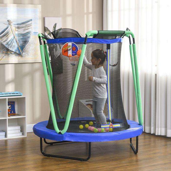 Produktbild Swisshandel24 Trampolin Kindertrampolin Sicherheitsnetz Ø140cm Basketballkorb Basketball 20 Bälle 3-10 Jahre Blau (140 cm)