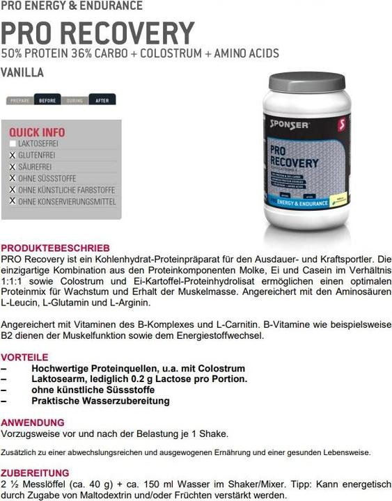 Nutritional values and ingredients Sponser Per Recovery 50/36 (Vanilla, 1 pcs., 900 g)