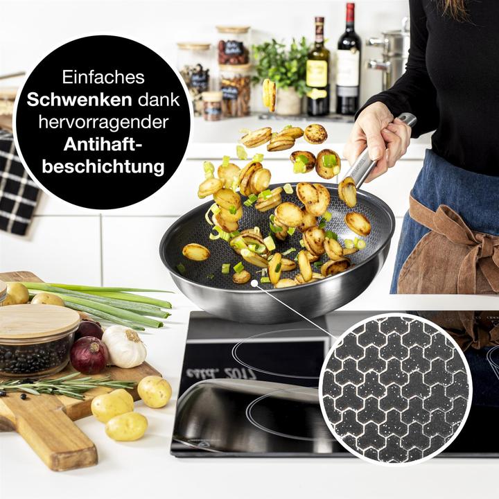 Produktbild Moritz & Moritz Edelstahlpfanne Wabenstruktur 28cm mit Keramikbeschichtung der neuesten Generation (Pfannenset + Topfset, Edelstahl)