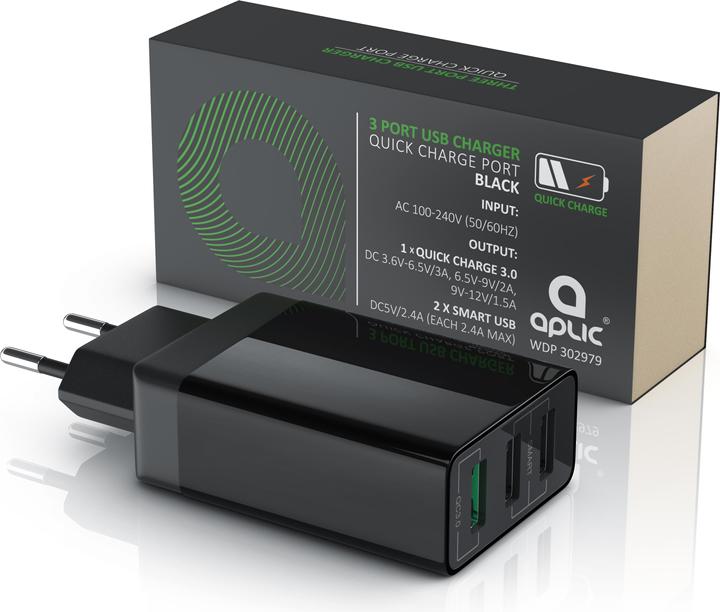 Image du produit Aplic Chargeur USB 3000 mA, 3 ports d'alimentation, Quick Charge 3.0, 2x port USB + 1x port QC 3.0, noir