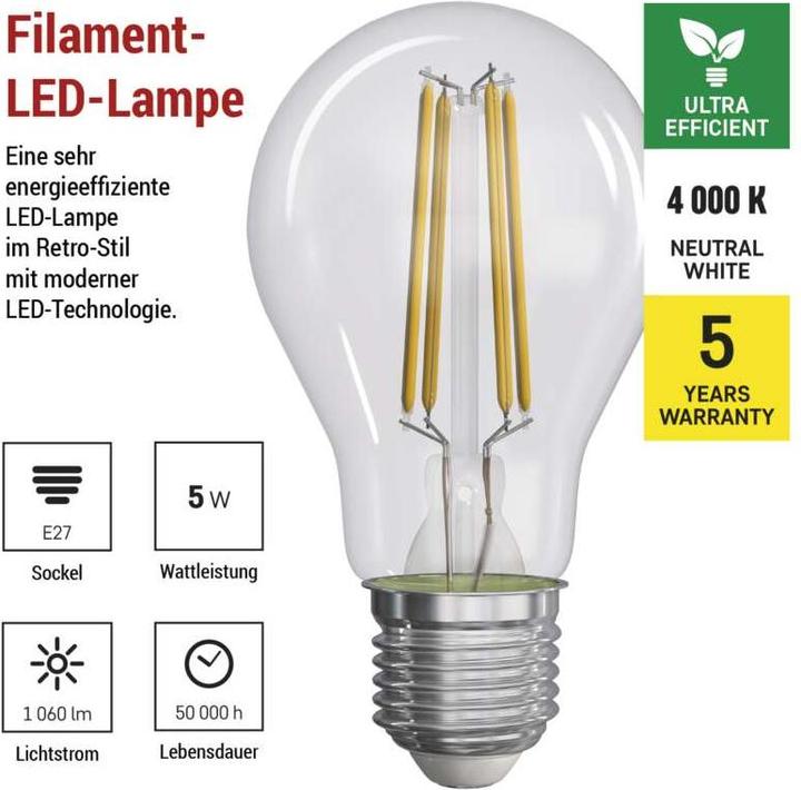 Etichetta energetica Emos Lampada LED a filamento A60 / E27 / 5 W (75 W) / 1 060 lm / Bianco neutro (E27, 5 W, 1060 lm, 1 x, A)