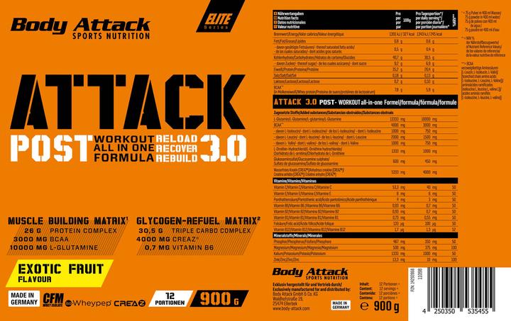 Nutritional values and ingredients Body Attack Post Attack 3.0 (900g can) (Orange, 1 pcs., 900 g)