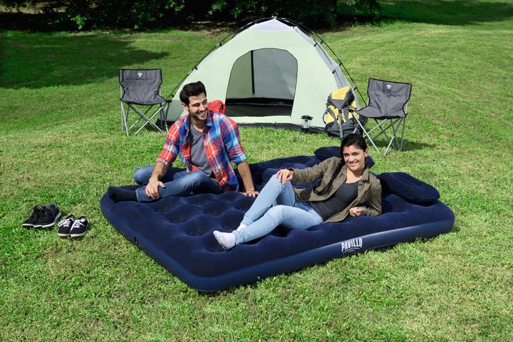 Actual product image Bestway inflatable mattress with pump and pillow, 203x152x22cm, suede