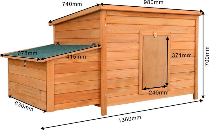 Immagine prodotto Wiltec Pollaio 1360x740x700mm pollaio in legno vassoio per escrementi tetto a falde isolato