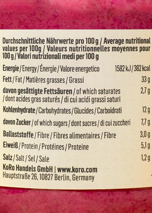 Nährwerte und Zutaten KoRo Bio Rote Bete Meerrettich Aufstrich (2280 g)
