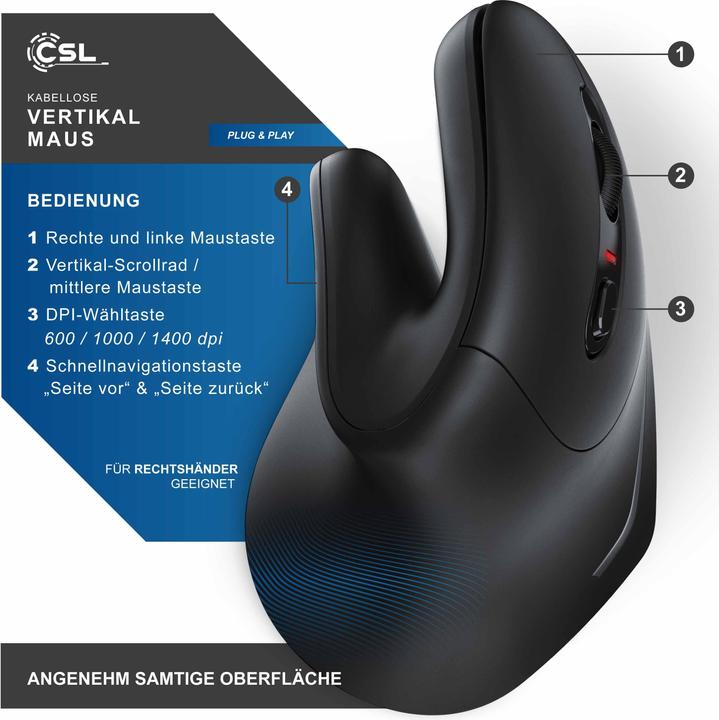 Produktbild CSL ergonomische Maus, Funk, kabellos, kabellose Vertikal Mouse, Vertikalmaus armschonend & ergonomisch (Kabellos)