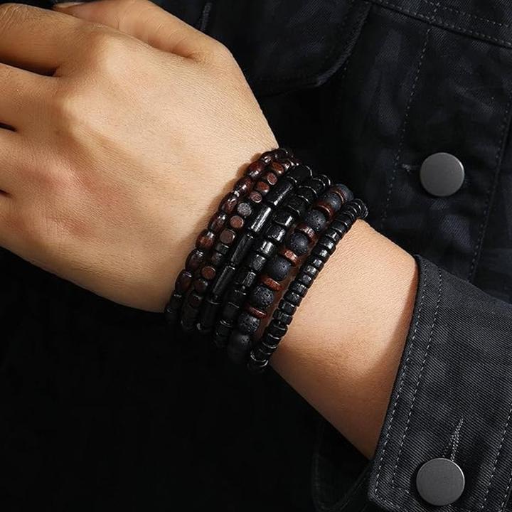 Image du produit Cbx Elastisches Perlen Armband Set Lavastein und Vintage-Holzperlen