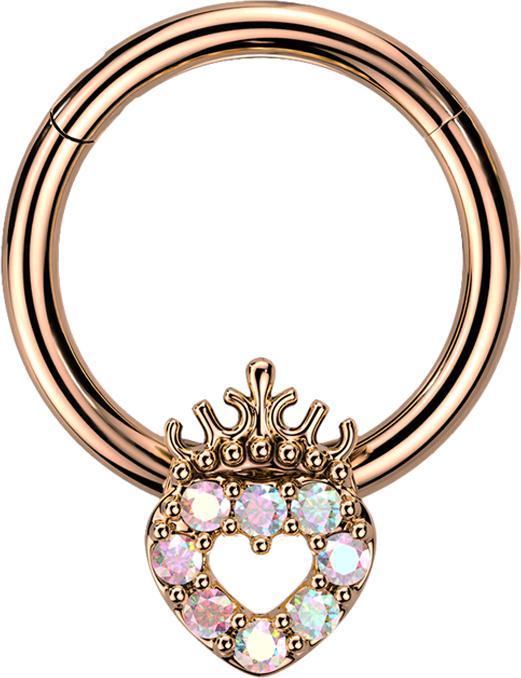 Produktbild Star Piercing Micro Segmentring klappbar rosegold Herz mit Kristallen multicolor und Krone (Messing, Chirurgenstahl 316L)